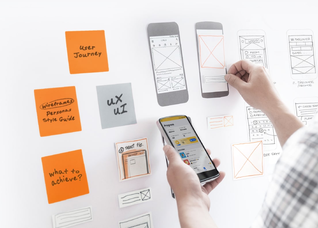 UX UI Designer planning application on a whiteboard